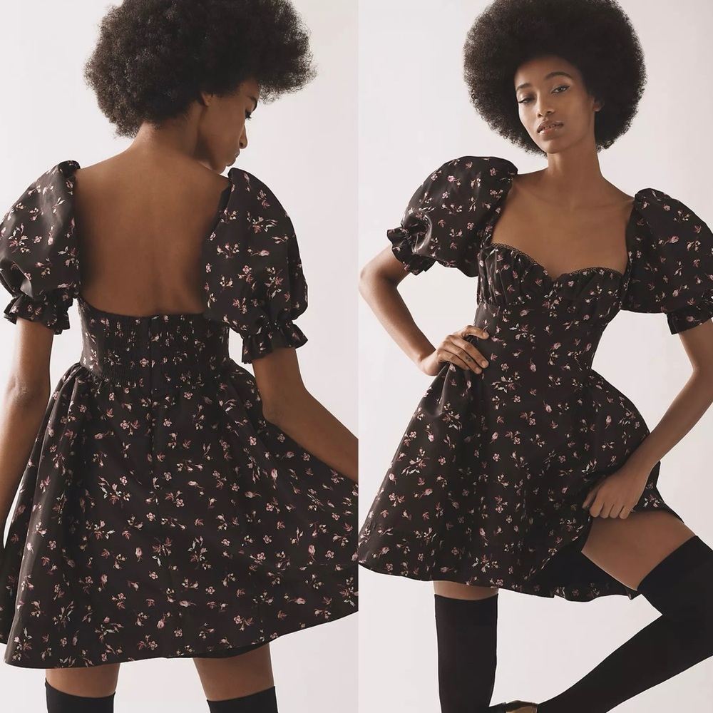 NWT $158 Anthropologie x Maeve Black Floral Puff-Sleeve Mini Dress w/ Pockets XS